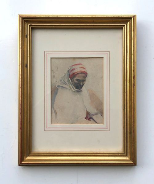 fig 1. Polish School Original Circa 1920 Antique Watercolour Painting Portrait of Figure in Scarf