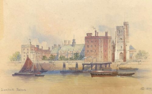 fig 1. Edwin T Dolby Monogrammed 1879 Original 19th Century Antique Watercolour Painting Lambeth Palace London English Landscape