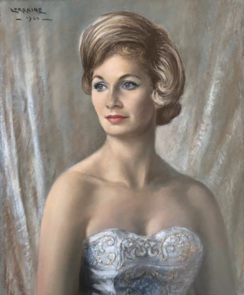 Original Vintage 1960 Pastel Painting Large Portrait of a Lady in a White Dress