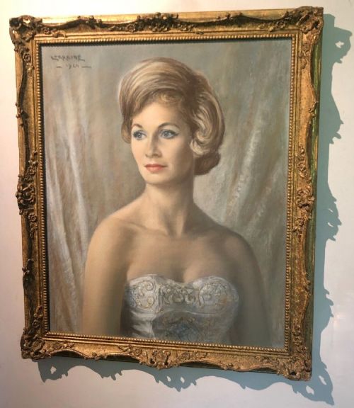 fig 1. Original Vintage 1960 Pastel Painting Large Portrait of a Lady in a White Dress