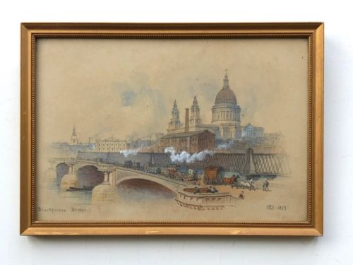 fig 1. Edwin Dolby Monogrammed Original Antique 1879 Watercolour Painting Blackfriars Bridge London Landscape