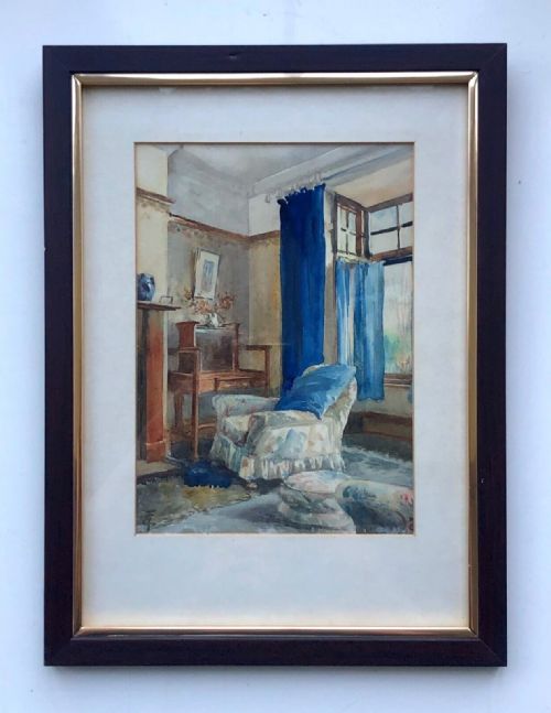 Ernest Forbes Monogrammed Original Early 20th Century Antique Watercolour Painting Interior House Home Study Blue Sitting Room