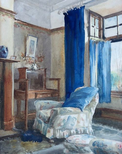 fig 1. Ernest Forbes Monogrammed Original early 20th Century Antique Watercolour Painting Interior House Home Study Blue Sitting Room