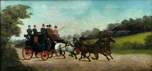 fig 1. Philip H Rideout 1906 Signed Original Antique Oil Painting on Canvas Coaching Scene, Horses & Figures in an English Landscape