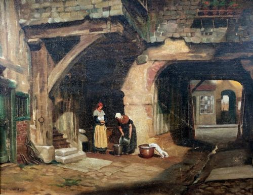 Indistinctly Signed Original Antique Oil Painting Old City Scene, Possibly York Near Shambles Milk Maids & Cat