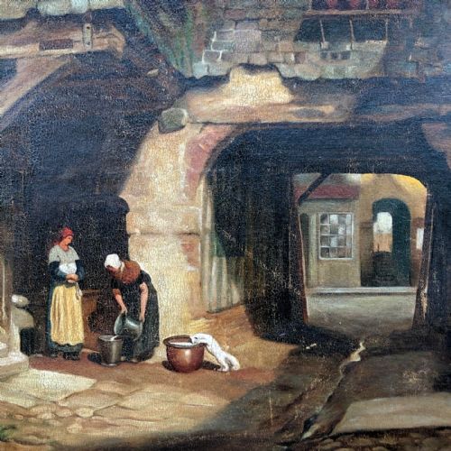fig 1. Indistinctly Signed Original Antique Oil Painting Old City scene, Possibly York near Shambles Milk Maids & Cat