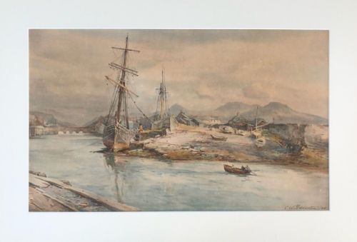 Charles W Adderton 1920 Signed Antique Watercolour Painting 'Port Medoc' France Coastal Seascape