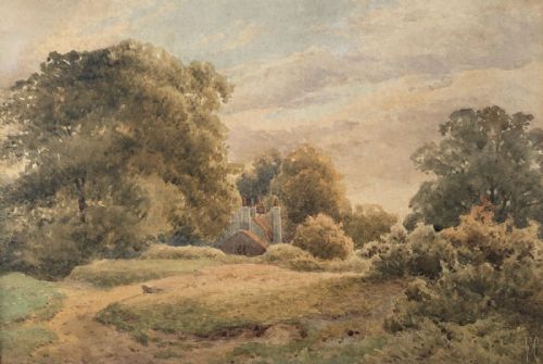 Signed with Initials C.f. Late 19th Century Antique Watercolour Painting English Country Landscape Scene