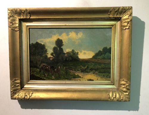 Original 19th Century Antique Oil Painting on Canvas Horses by a River English Landscape