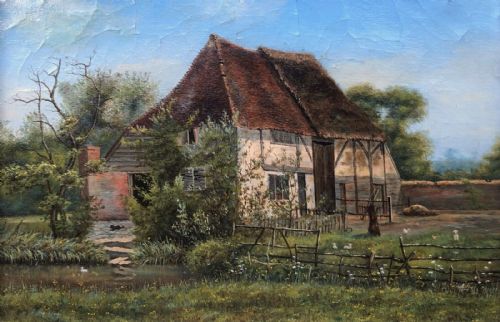 Original 19th Century British School Antique Oil Painting on Canvas Thatched Timber Frame Cottage Landscape in the Spring