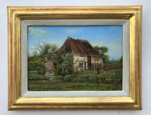 fig 1. Original 19th Century British School Antique Oil Painting on Canvas Thatched Timber Frame Cottage Landscape in the Spring