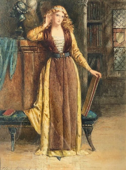 George Clark Stanton Rsa Signed Original 19th Century Antique Watercolour Painting Portrait of a Lady in Medieval Dress & Surroundings