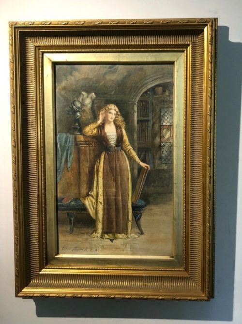 fig 1. George Clark Stanton RSA Signed Original 19th Century Antique Watercolour Painting Portrait of a Lady in Medieval Dress & Surroundings