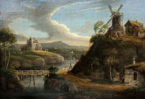 Original Antique Circa 1839 Oil Painting on Wooden Panel Romantic Classical Landscape with Ruins, River & a Windmill