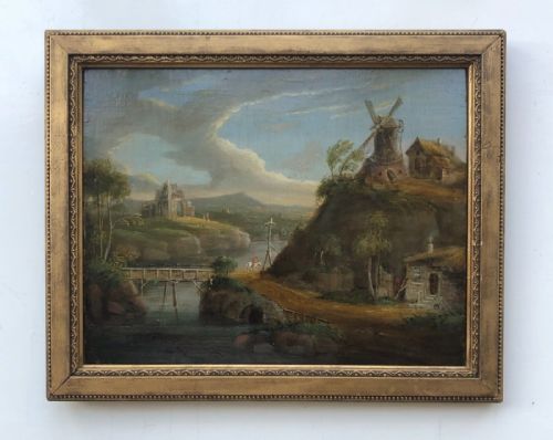 fig 1. Original Antique Circa 1839 Oil Painting on Wooden Panel Romantic Classical Landscape with Ruins, River & a Windmill
