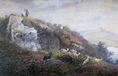 fig 1. John Carlisle Signed Original 19th Century Antique Watercolour Painting Scottish Highland Mountain Shepherd with Sheep Landscape