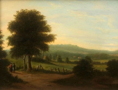 British School Antique Early 19th Oil Painting on Canvas Figures Walking in Wooded Landscape