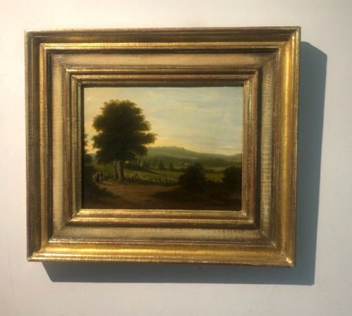 fig 1. British School Antique Early 19th Oil Painting on Canvas Figures Walking in Wooded Landscape