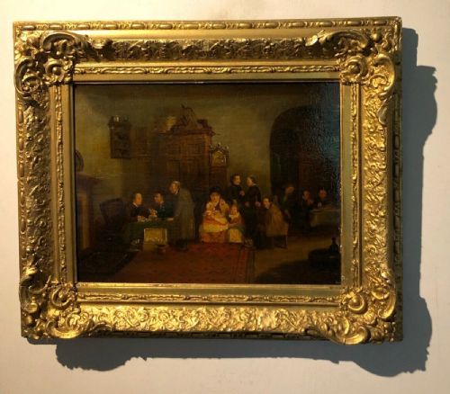 fig 1. Follower of Sir David Wilkie RA Scottish Interior Original Antique Oil Painting on Wood Panel with Christie's Stencil Verso