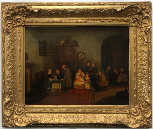 Follower of Sir David Wilkie Ra Scottish Interior Original Antique Oil Painting on Wood Panel with Christie's Stencil Verso