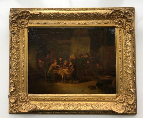 Follower of Sir David Wilkie Ra Original 19th Century Oil Painting on Wood Panel Scottish Interior Scene with Christie's Stencil Verso