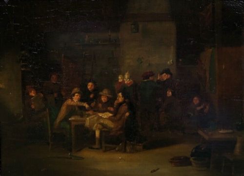 fig 1. Follower of Sir David Wilkie RA Original 19th Century Oil Painting on Wood Panel Scottish Interior Scene with Christie's Stencil Verso
