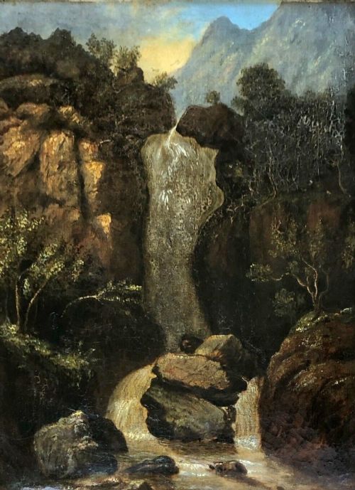 British School Original Antique 19th Century Oil Painting on Canvas Waterfall in Wooded Landscape