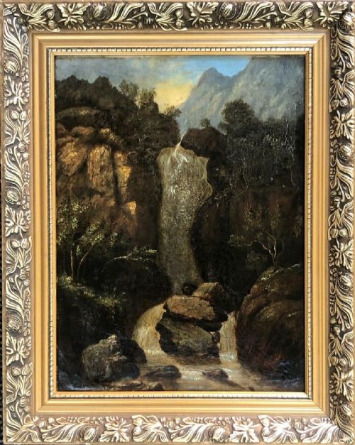 fig 1. British School Original Antique 19th Century Oil Painting on canvas Waterfall in Wooded Landscape