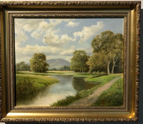 fig 1. Signed David Mead, Original mid 20th Century Oil Painting on Canvas English River Landscape