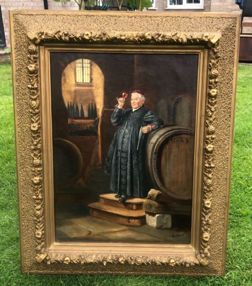 fig 1. After Eduard von Grützner 'Abbott tasting Wine' Original Early 20th Century Antique Oil Painting