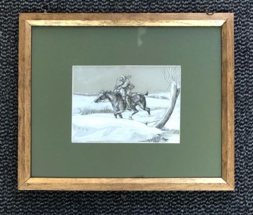 fig 1. Manner of George Wright Original 1882 Monogrammed GRW Antique Painting Drawing Horse & Rider in Snow