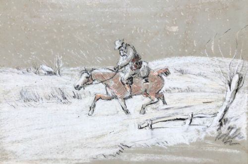 Manner of George Wright Original 19th Century Antique Painting Horse & Rider in Driving Snow