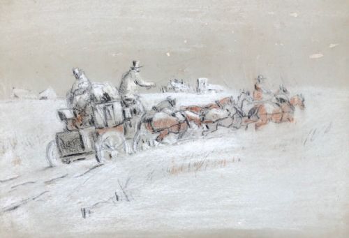 Manner of George Wright Original 19th Century Antique Painting Horses & Coach in Driving Snow