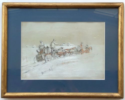 fig 1. Manner of George Wright Original 19th Century Antique Painting Horses & Coach in Driving Snow