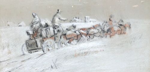 fig 2. Manner of George Wright Original 19th Century Antique Painting Horses & Coach in Driving Snow