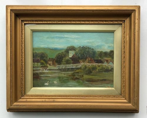 British School Antique Early 20th Century Oil Painting Village Boating with Swans Landscape