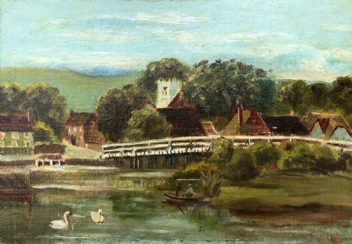 fig 1. British School Antique Early 20th Century Oil Painting Village Boating with Swans Landscape