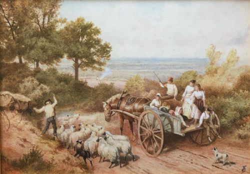 After Myles Birket Foster Original Monogrammed 19th Century Antique Watercolour Painting  Horse Cart Passing a Shepherd with Flock English Landscape