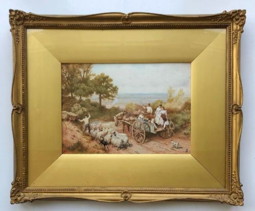fig 1. After Myles Birket Foster Original Monogrammed 19th Century Antique Watercolour Painting  Horse Cart Passing a Shepherd with Flock English Landscape