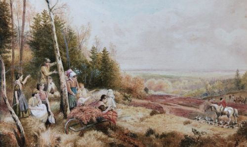 After Myles Birket Foster Original Monogrammed 19th Century Antique Watercolour Painting Children & Hunting Scene in an English Landscape