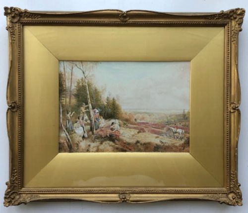 fig 1. After Myles Birket Foster Original Monogrammed 19th Century Antique Watercolour Painting Children & Hunting Scene in an English Landscape