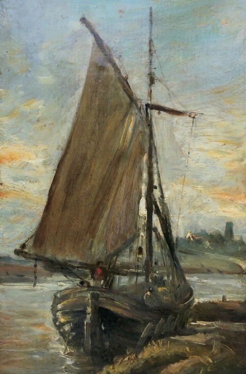 Original Late 19th Century Antique Oil Painting on Wood Panel Sailing Barge at Anchor English Landscape