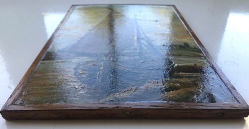 fig 1. Original late 19th Century Antique Oil Painting on Wood Panel Sailing Barge at Anchor English Landscape
