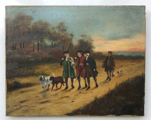 fig 1. Signed W Whitehead Dated 1904 Original Antique Oil Painting on Canvas Returning Hunters with their Dogs English Landscape