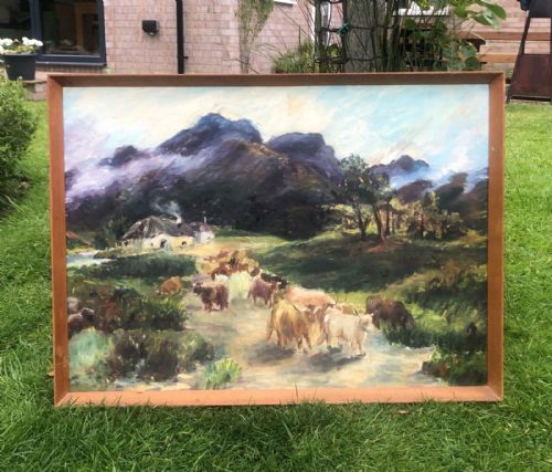 fig 1. Original mid 20th Century Large Oil Painting on Board Highland Cattle & Croft Scottish Landscape