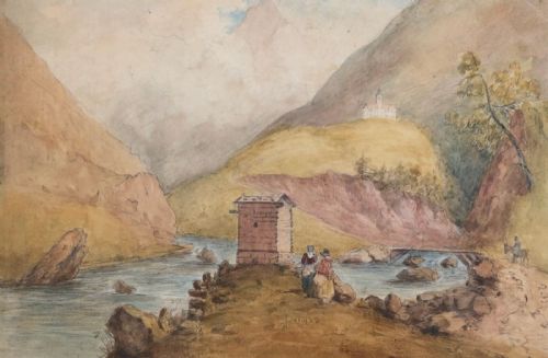 Antique 19th Century Original Watercolour Continental Figures, River & Mountain Landscape