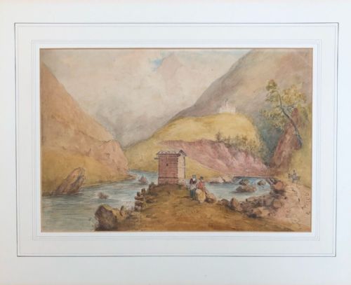 fig 1. Antique 19th Century Original Watercolour Continental Figures, River & Mountain Landscape