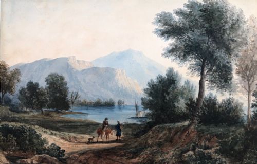 Manner of Copley Fielding Original 19th Century Antique Watercolour Figures Before Mountains and a Lake