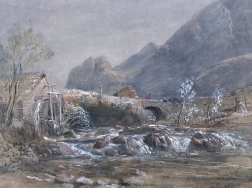 Clarkson Frederick Stanfield Ra Original Mid 19th Century Antique Watercolour Painting Stone Bridge in Mountain Landscape
