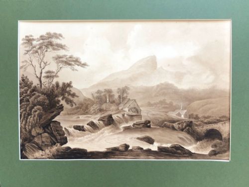 Killin & Loch Tay Scotland Original Antique Grisaille Watercolour Painting Bridge Mountains Scottish Landscape